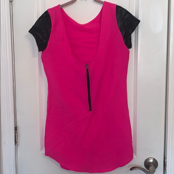 Neon Pink Dress with Faux Leather Short Sleeves - Picture 2 of 3